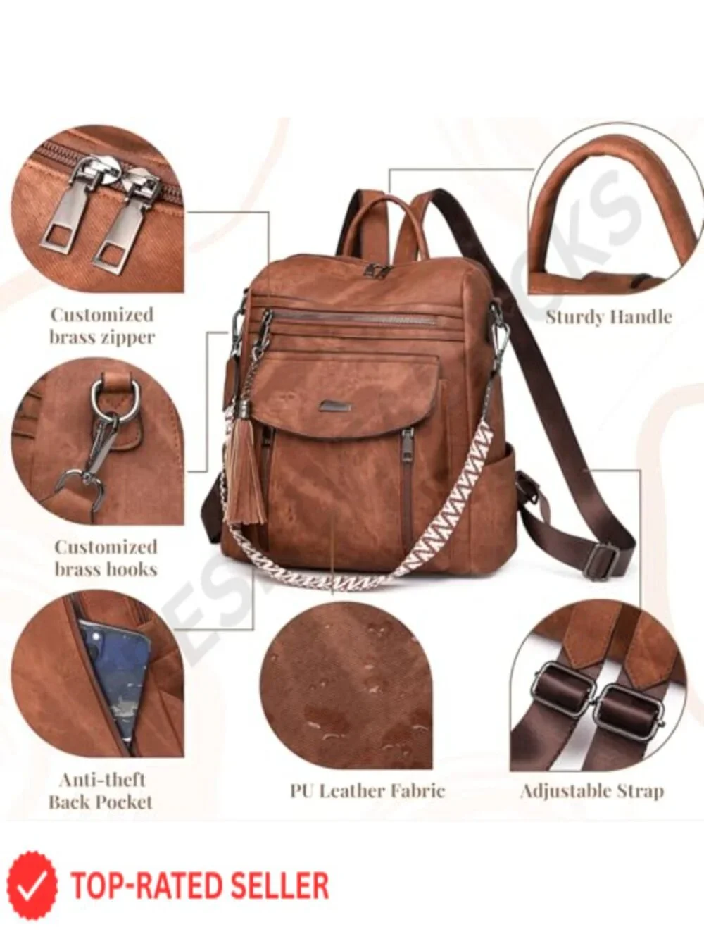 PU Leather Backpack Purse for Women, Convertible Handbag